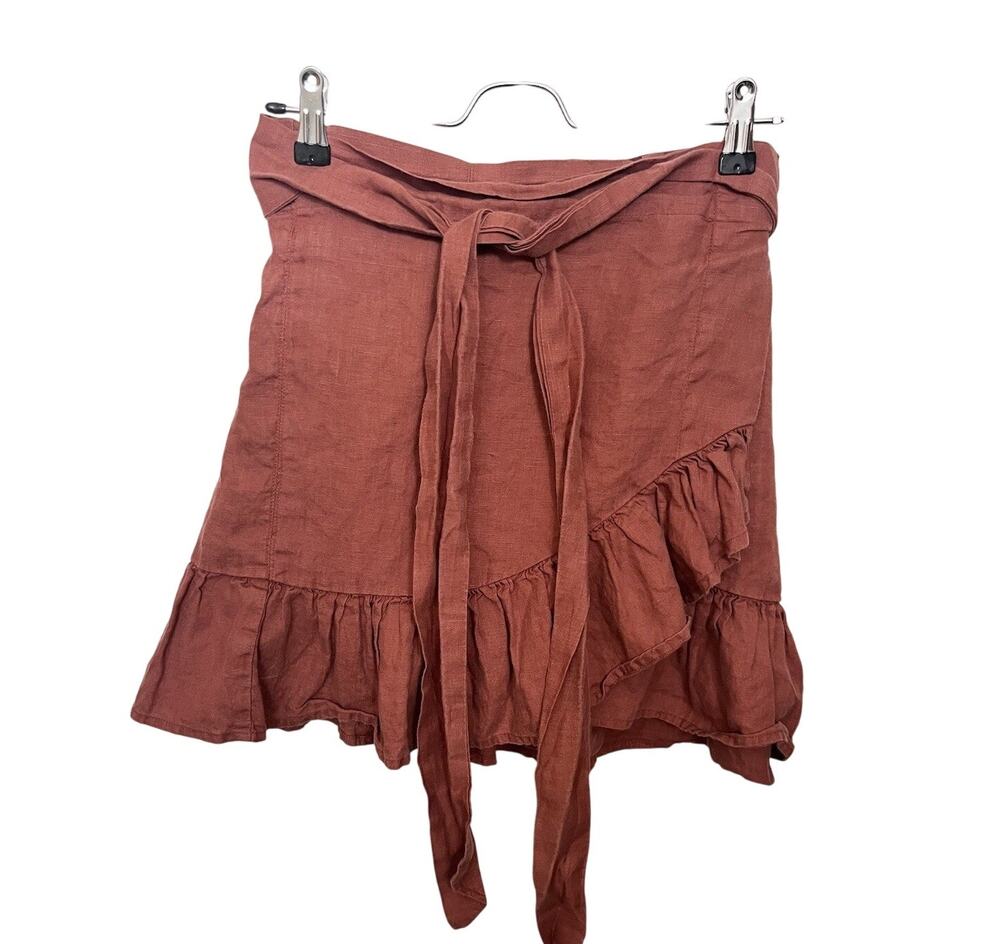 ACACIA Simone Organic Cotton Mini Wrap Ruffle Skirt Sz Medium Rust Brown